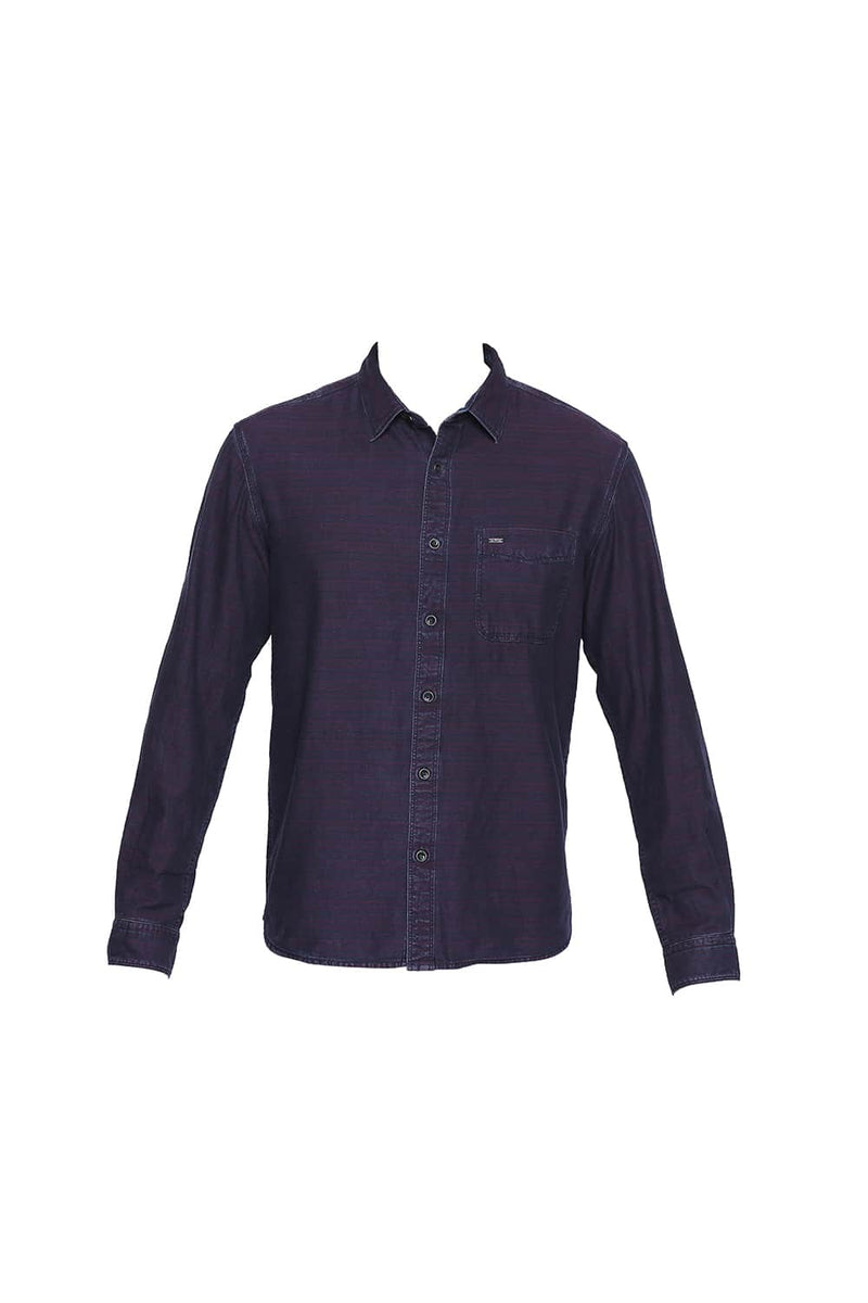 BASICS SLIM FIT INDIGO WEFT STRIPES SHIRT