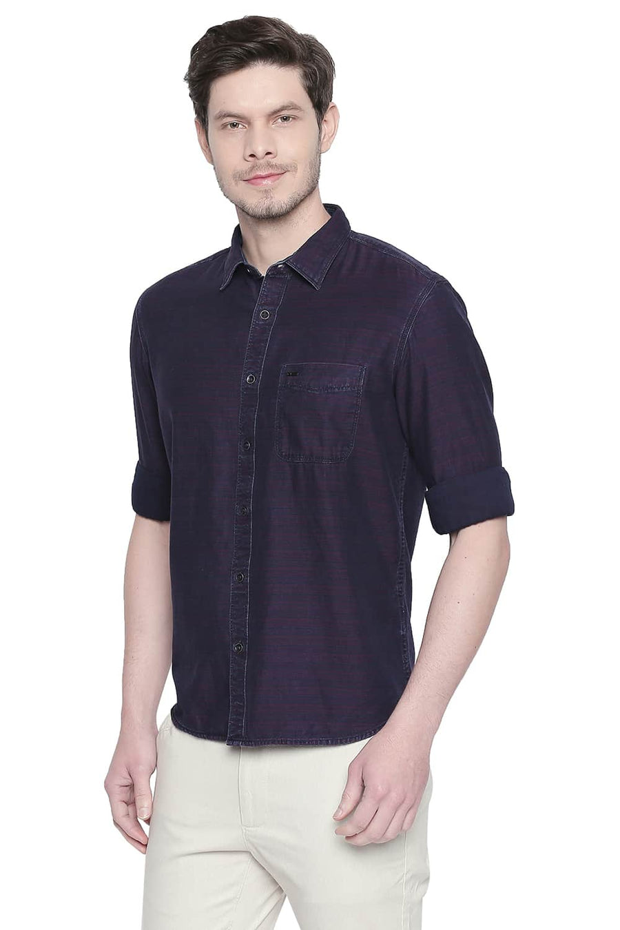 BASICS SLIM FIT RHUBARB RED INDIGO WEFT STRIPES SHIRT