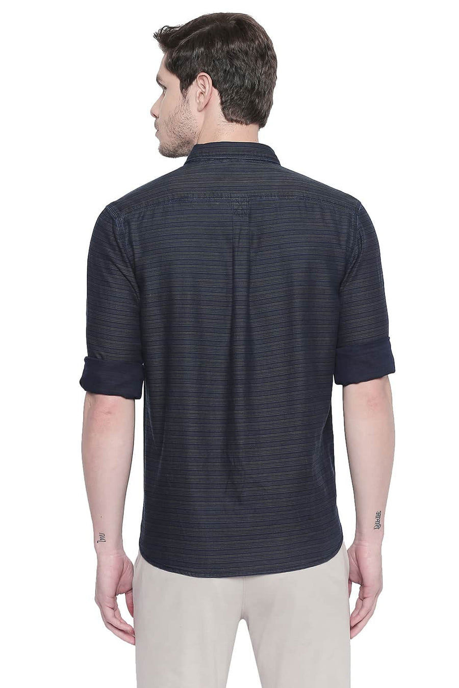 BASICS SLIM FIT WATERCRESS GREEN INDIGO WEFT STRIPES SHIRT