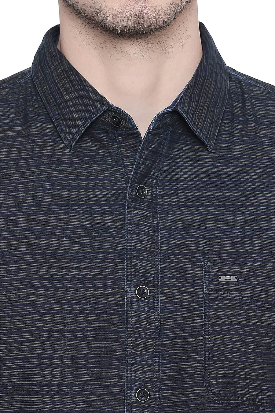 BASICS SLIM FIT WATERCRESS GREEN INDIGO WEFT STRIPES SHIRT