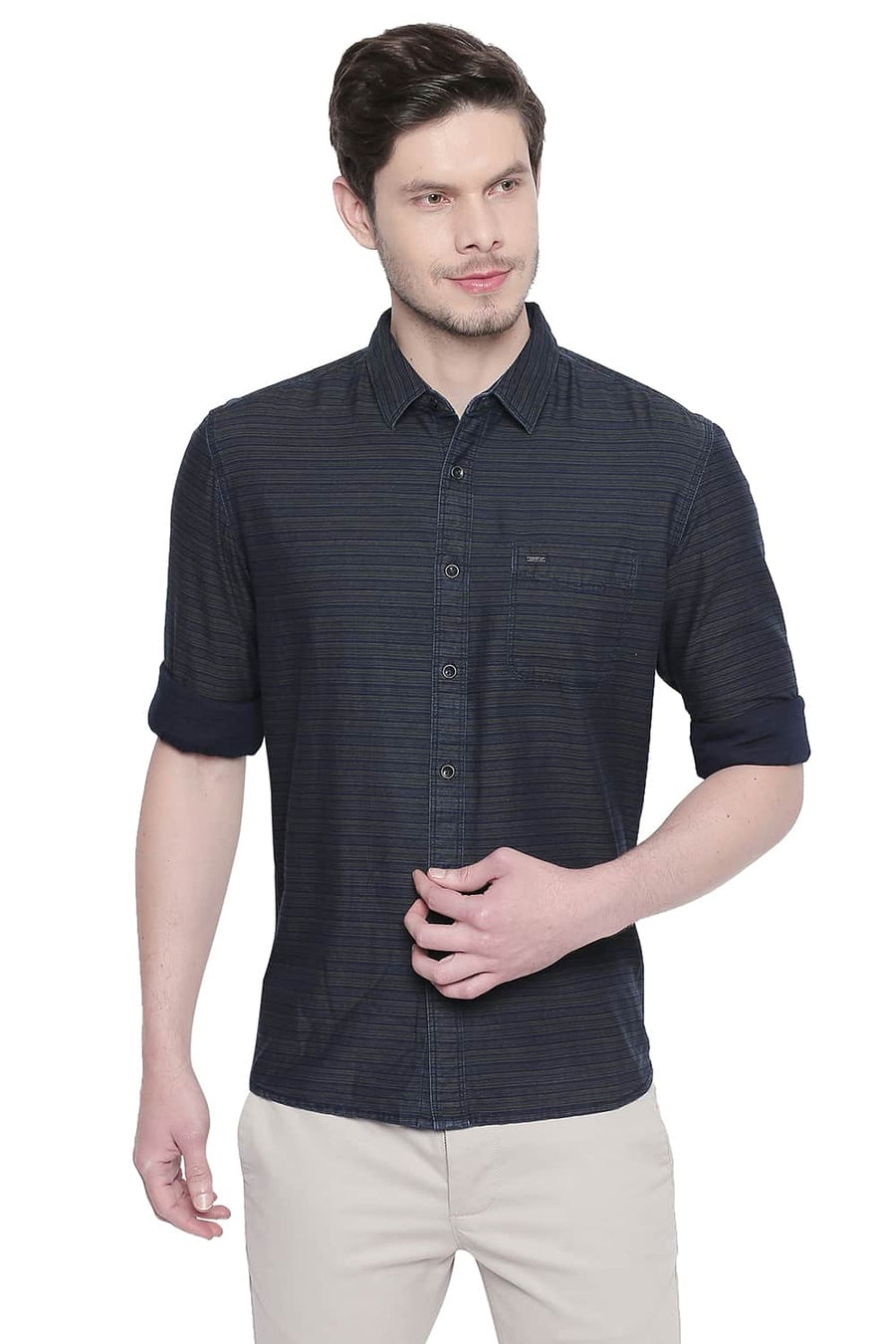 BASICS SLIM FIT WATERCRESS GREEN INDIGO WEFT STRIPES SHIRT