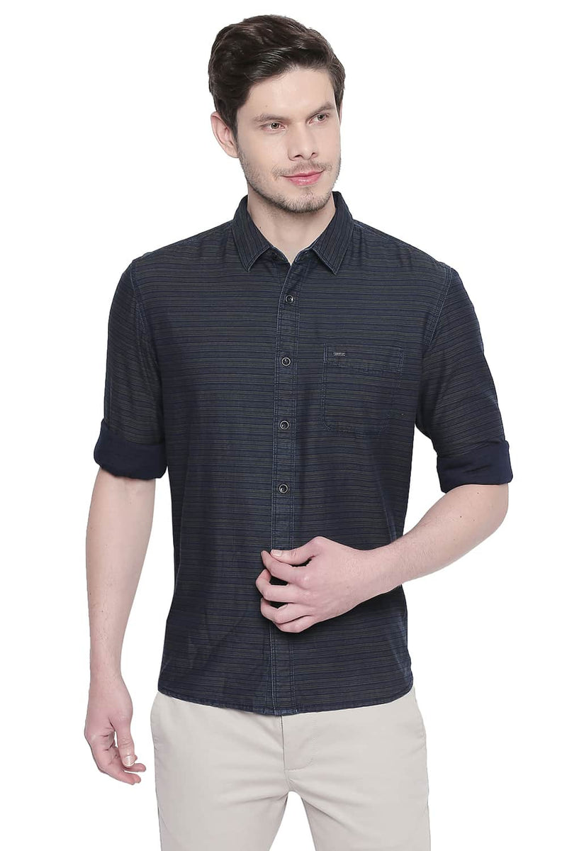 BASICS SLIM FIT INDIGO WEFT STRIPES SHIRT