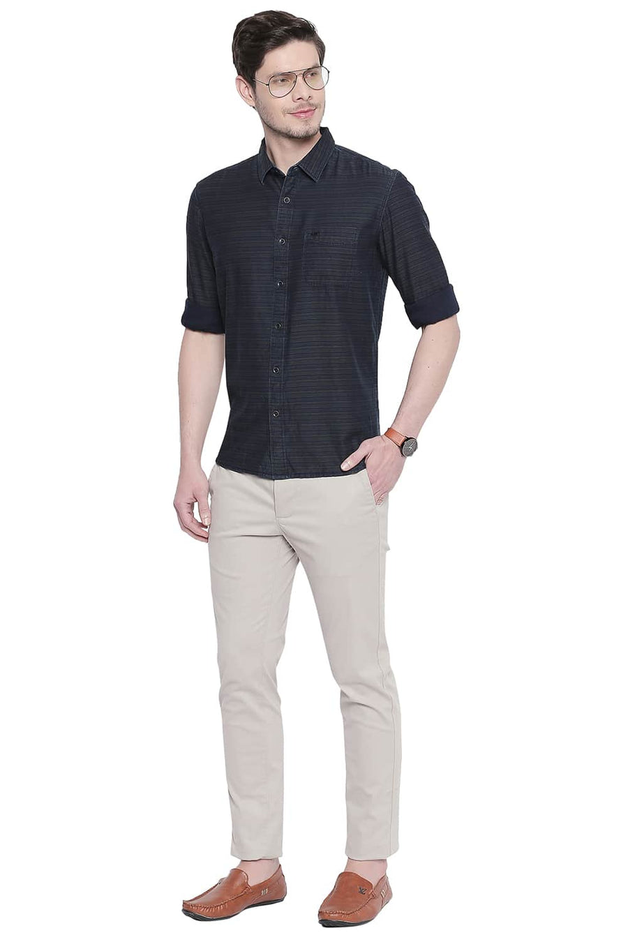 BASICS SLIM FIT WATERCRESS GREEN INDIGO WEFT STRIPES SHIRT