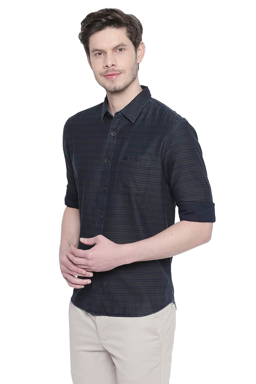 BASICS SLIM FIT WATERCRESS GREEN INDIGO WEFT STRIPES SHIRT