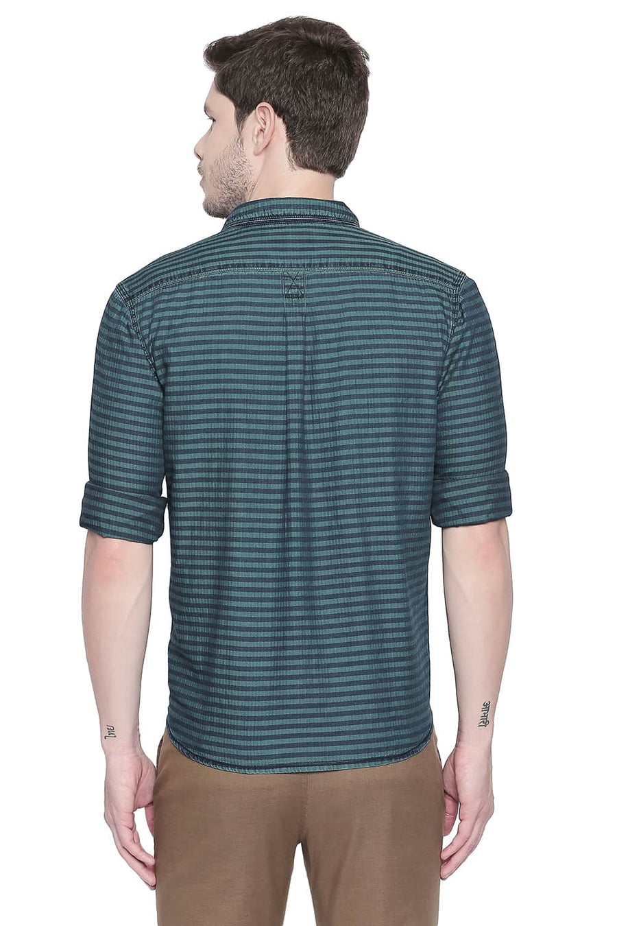 BASICS SLIM FIT COLUMBIA GREEN INDIGO WEFT STRIPES SHIRT