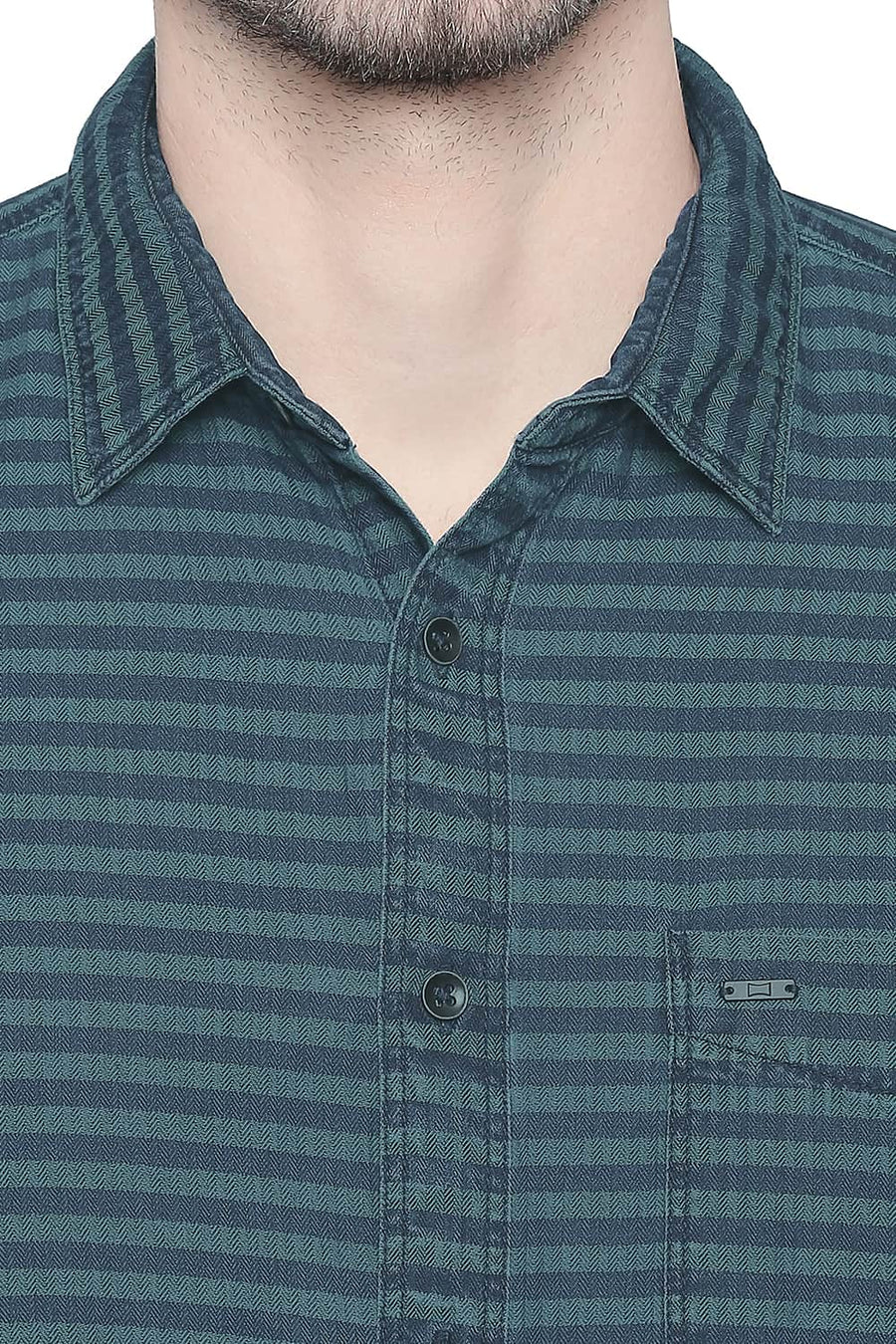 BASICS SLIM FIT COLUMBIA GREEN INDIGO WEFT STRIPES SHIRT