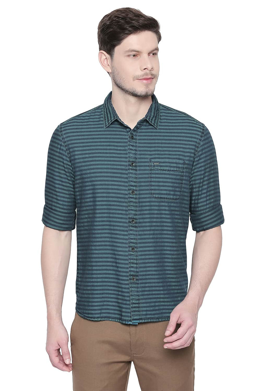 BASICS SLIM FIT COLUMBIA GREEN INDIGO WEFT STRIPES SHIRT