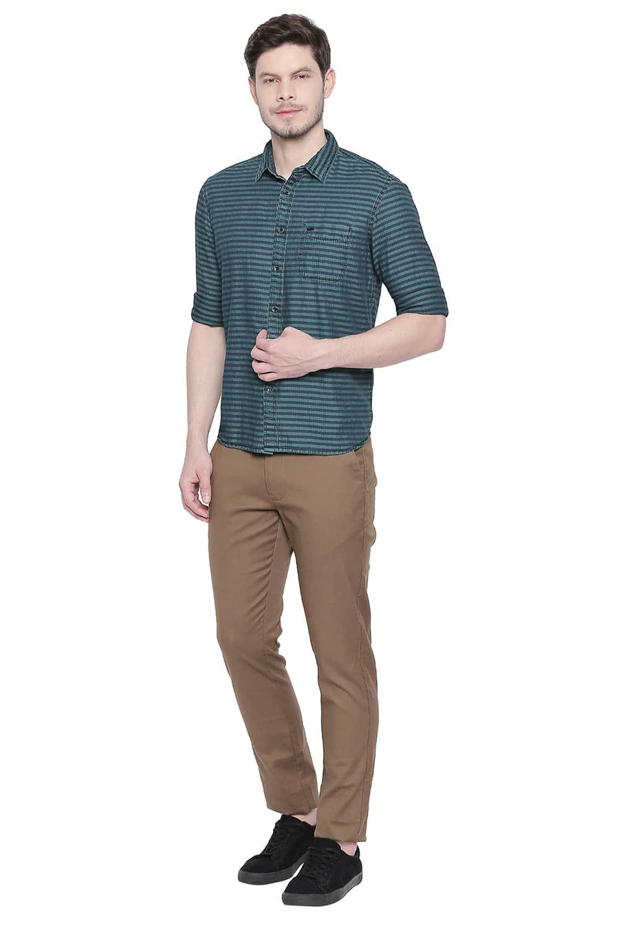 BASICS SLIM FIT COLUMBIA GREEN INDIGO WEFT STRIPES SHIRT