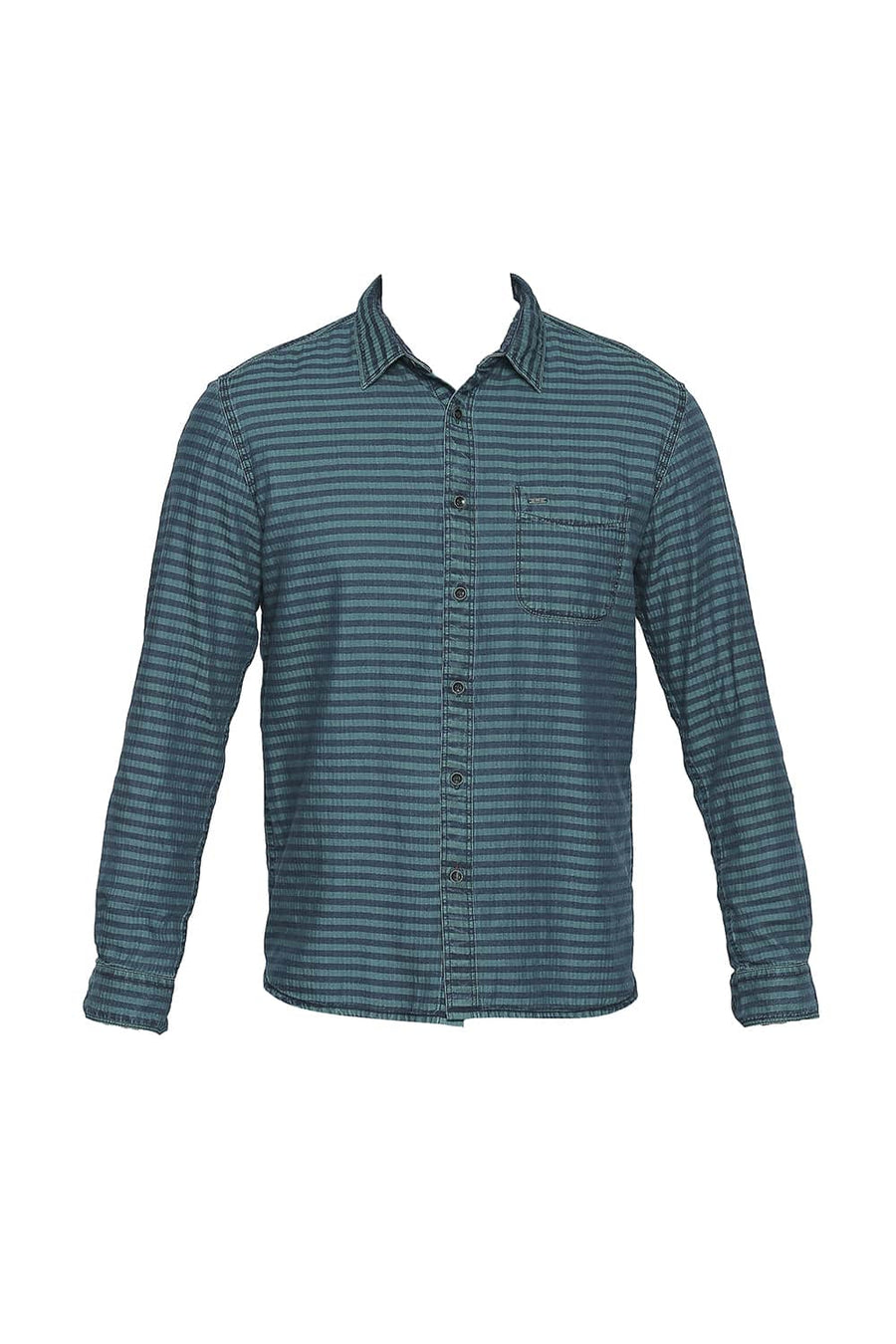 BASICS SLIM FIT COLUMBIA GREEN INDIGO WEFT STRIPES SHIRT