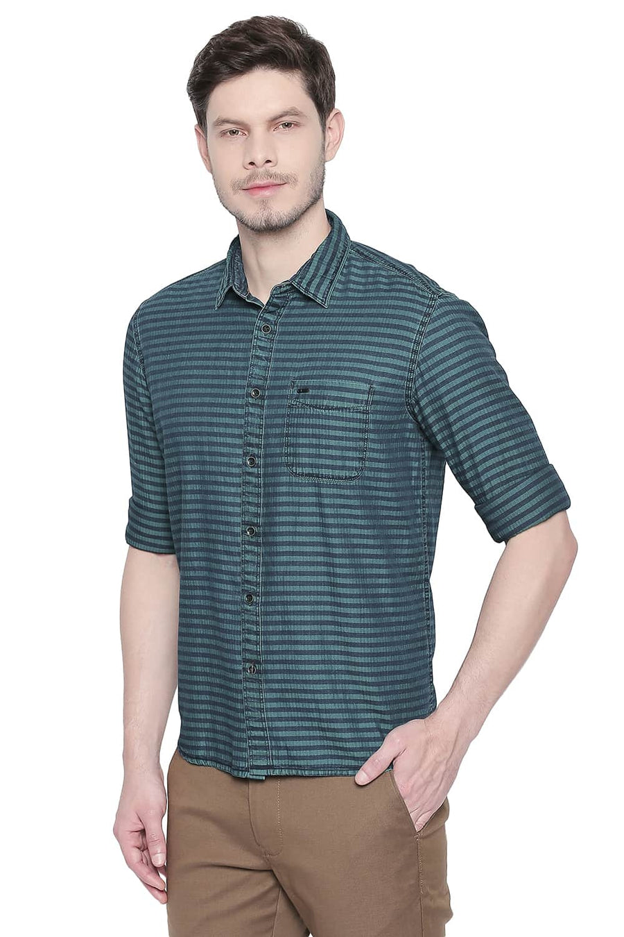 BASICS SLIM FIT COLUMBIA GREEN INDIGO WEFT STRIPES SHIRT