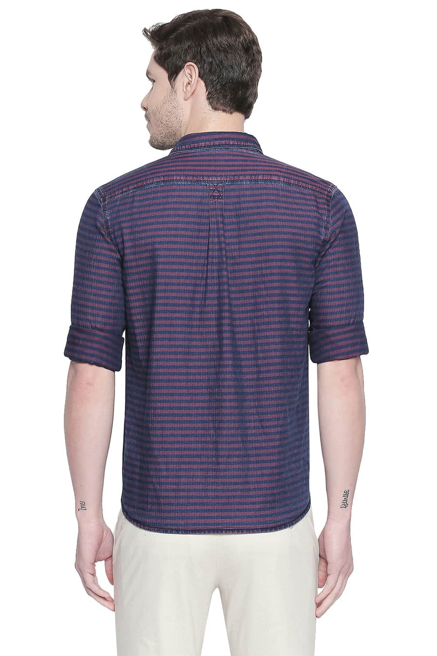 BASICS SLIM FIT EARTH RED INDIGO WEFT STRIPES SHIRT