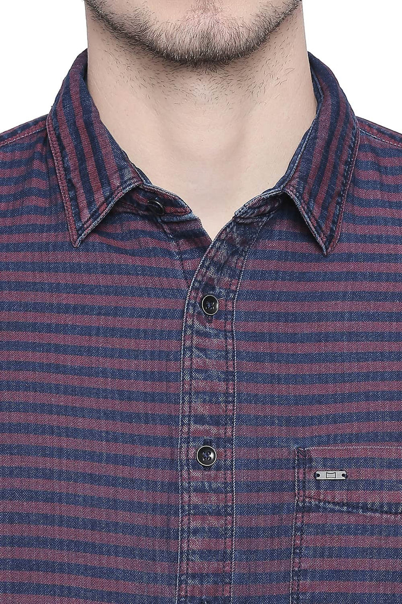 BASICS SLIM FIT INDIGO WEFT STRIPES SHIRT