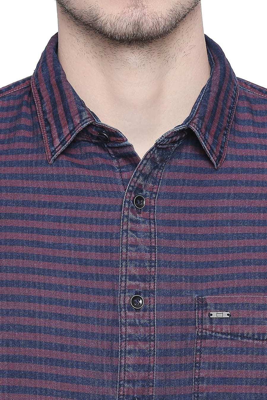 BASICS SLIM FIT EARTH RED INDIGO WEFT STRIPES SHIRT