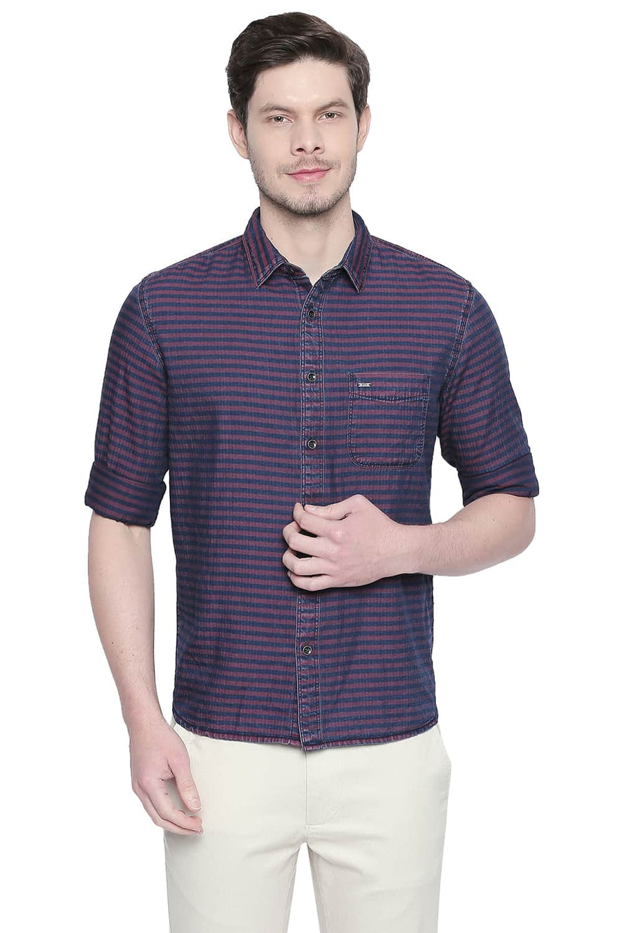 BASICS SLIM FIT EARTH RED INDIGO WEFT STRIPES SHIRT