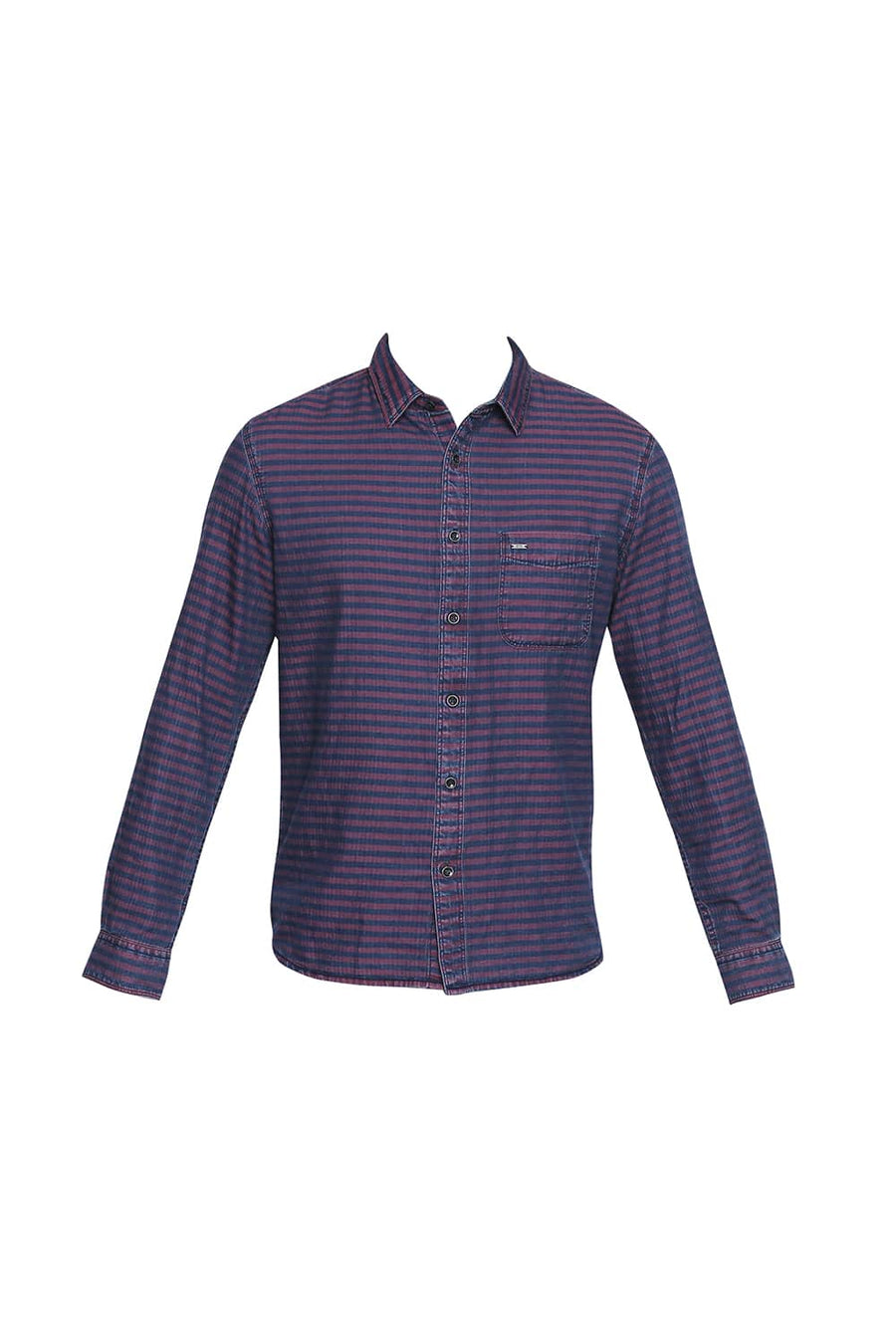 BASICS SLIM FIT EARTH RED INDIGO WEFT STRIPES SHIRT