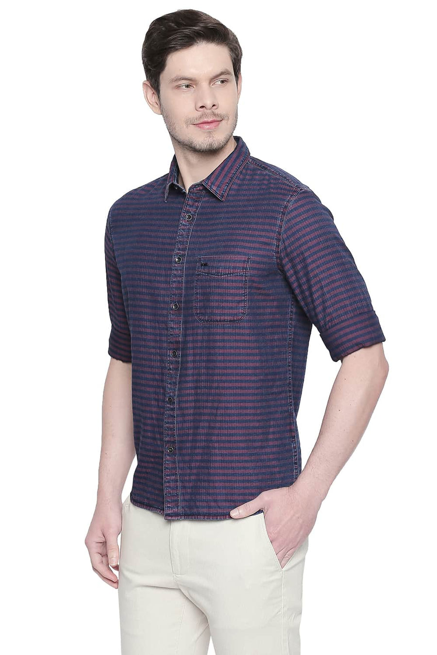 BASICS SLIM FIT EARTH RED INDIGO WEFT STRIPES SHIRT