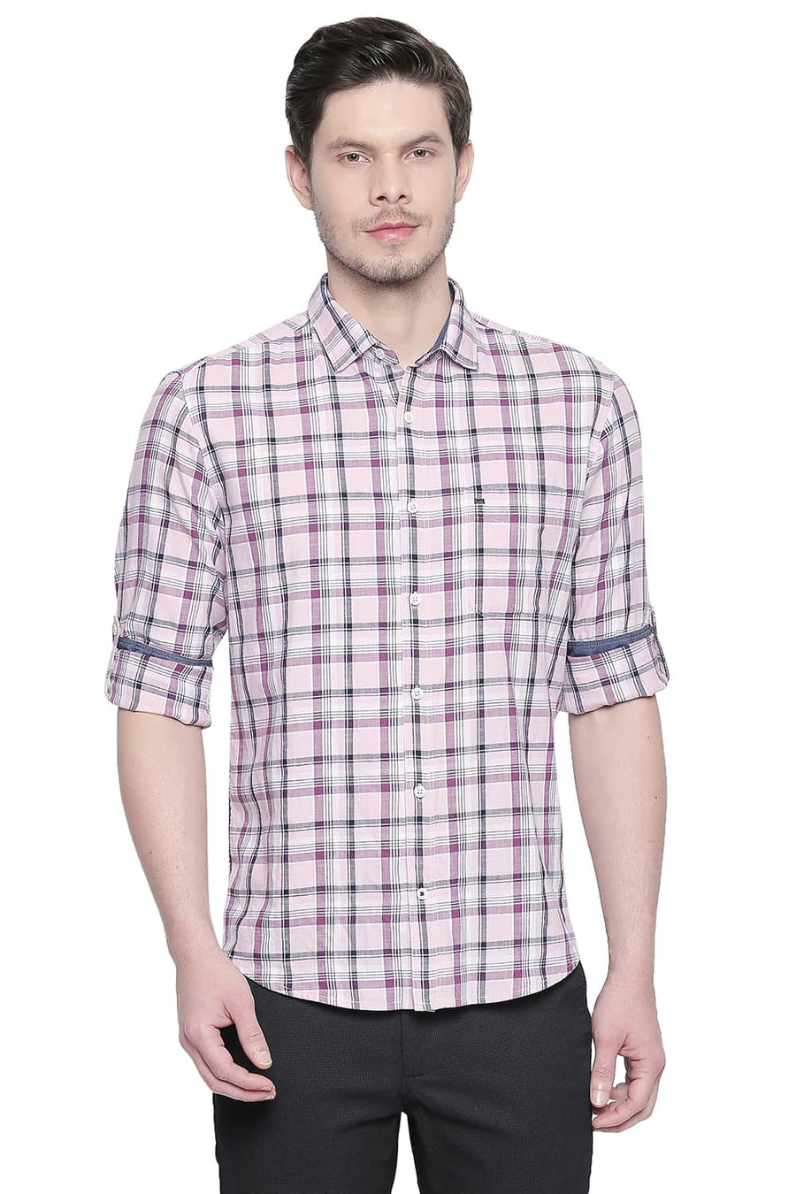BASICS SLIM FIT PINK MIST CHECKS SHIRT