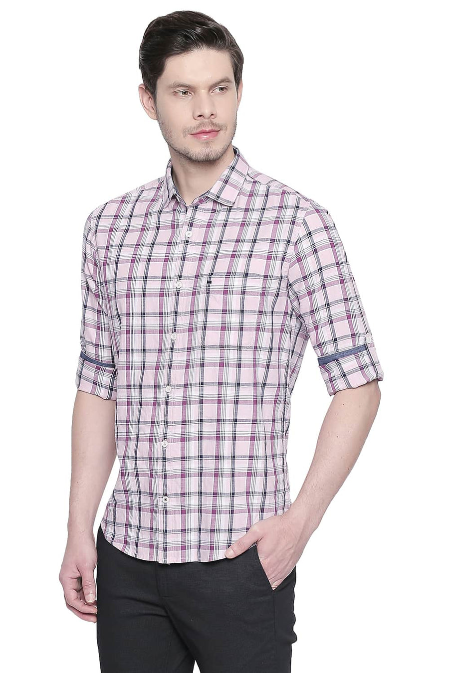BASICS SLIM FIT PINK MIST CHECKS SHIRT