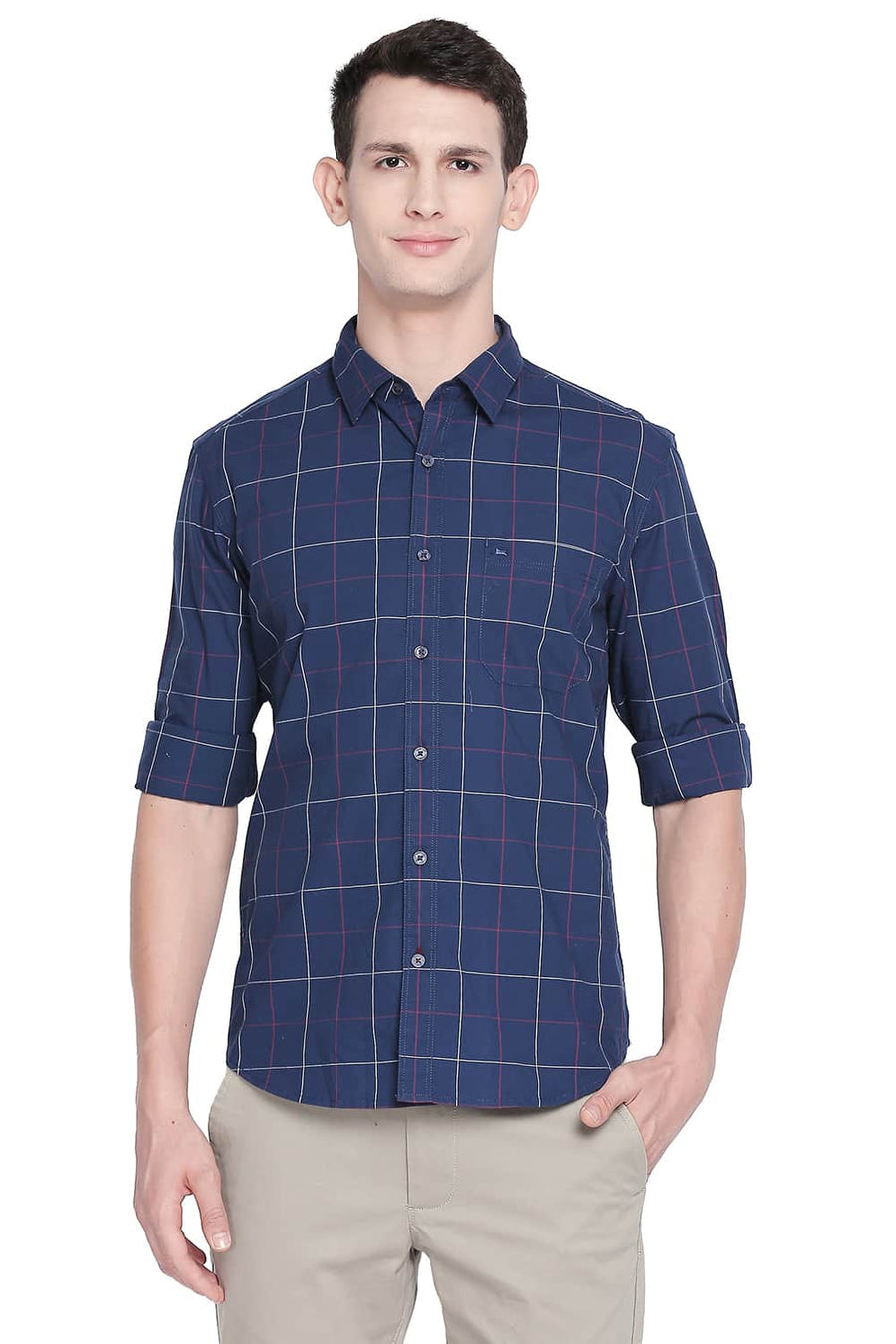 BASICS SLIM FIT ENSIGN NAVY CHECKS SHIRT