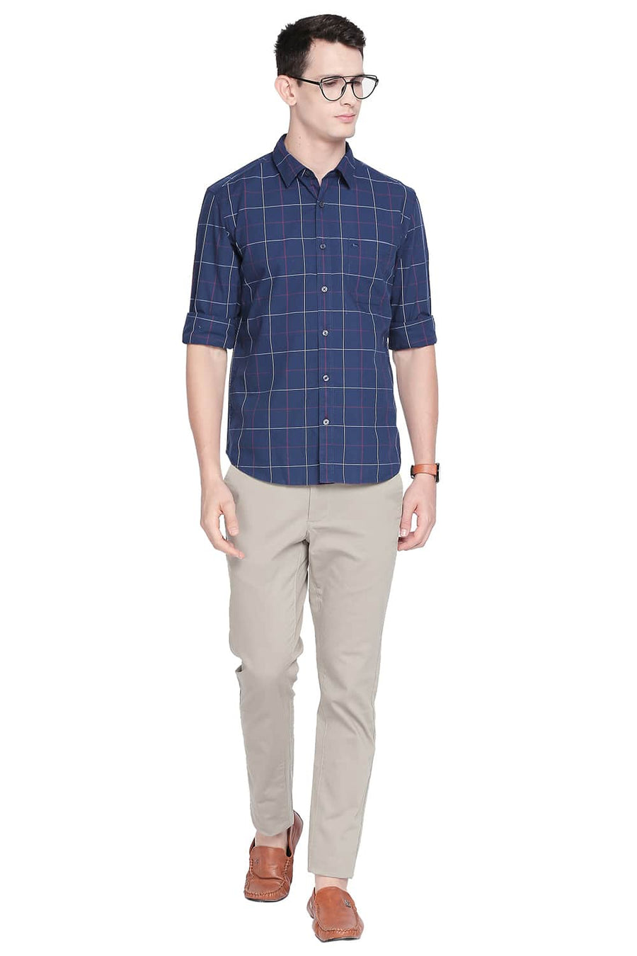 BASICS SLIM FIT ENSIGN NAVY CHECKS SHIRT