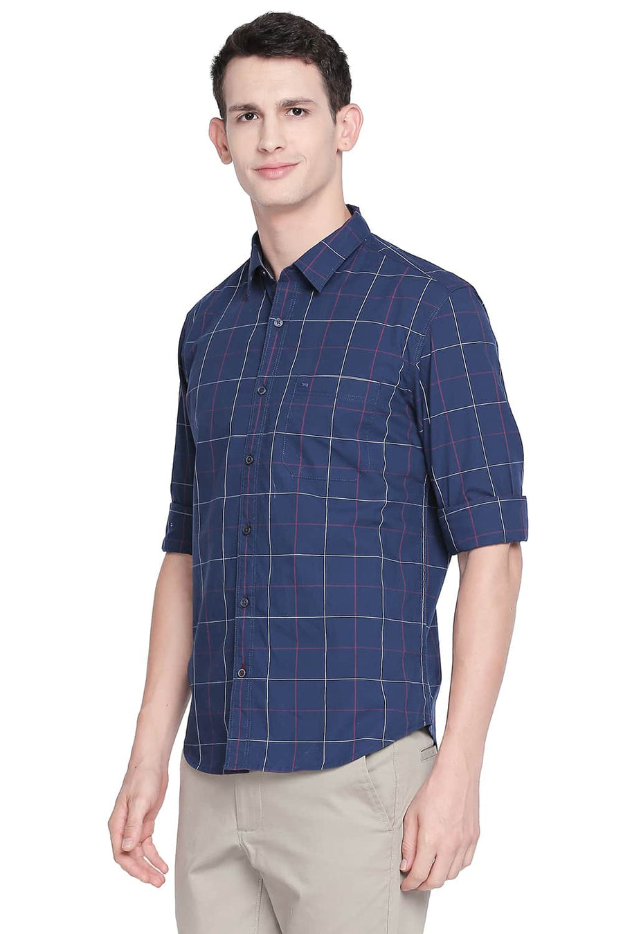 BASICS SLIM FIT ENSIGN NAVY CHECKS SHIRT