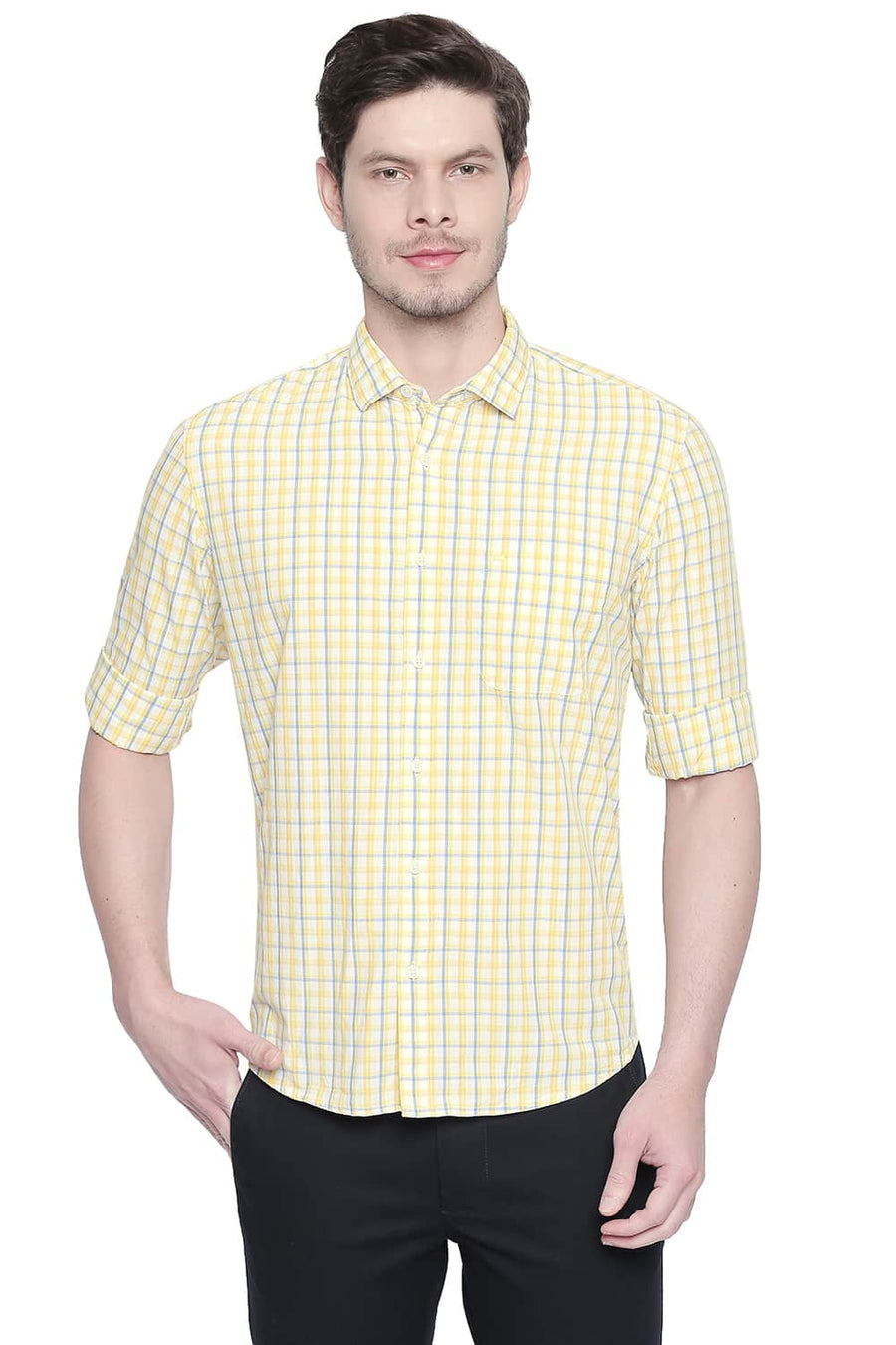 BASICS SLIM FIT PRIMROSE YELLOW CHECKS SHIRT