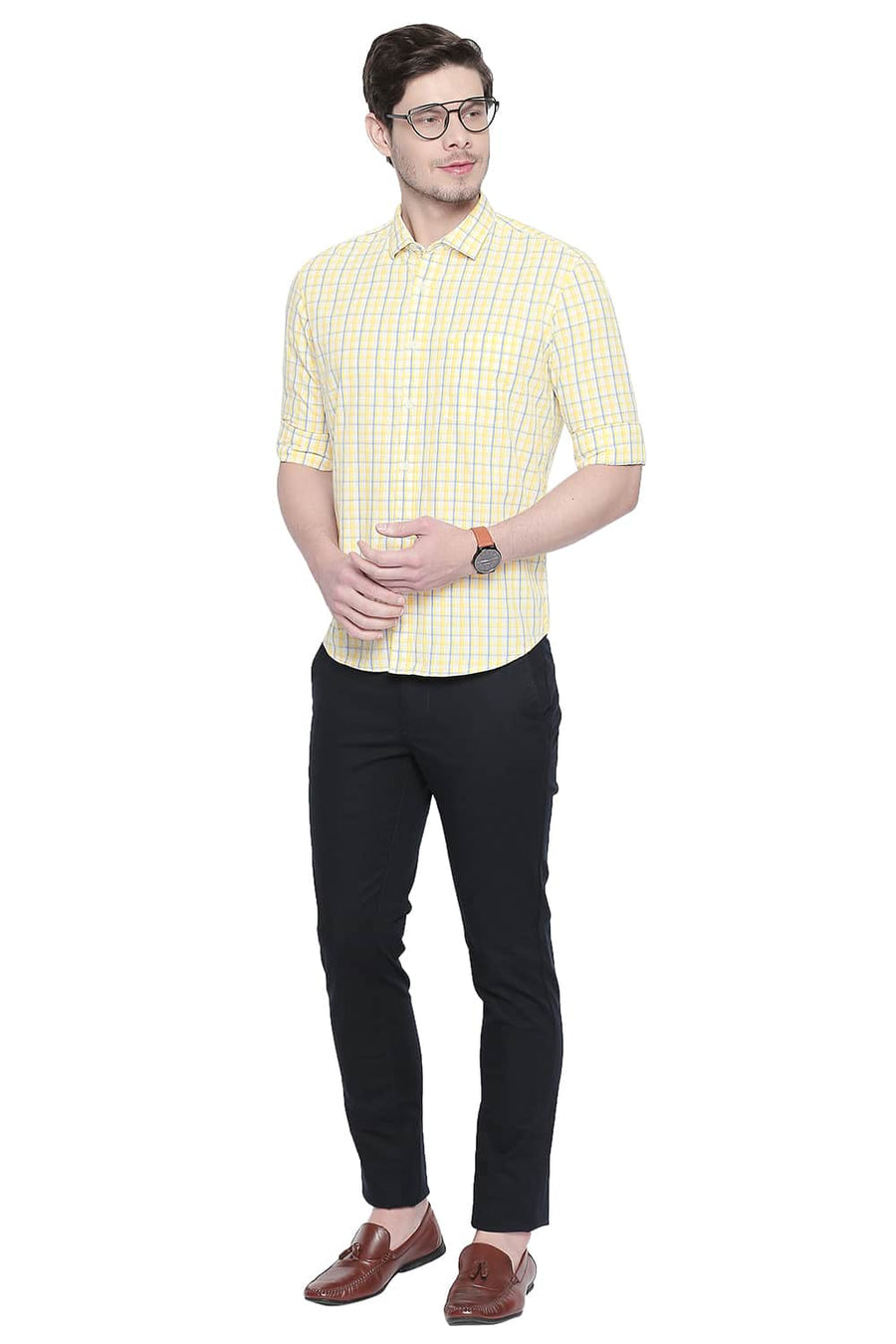 BASICS SLIM FIT PRIMROSE YELLOW CHECKS SHIRT