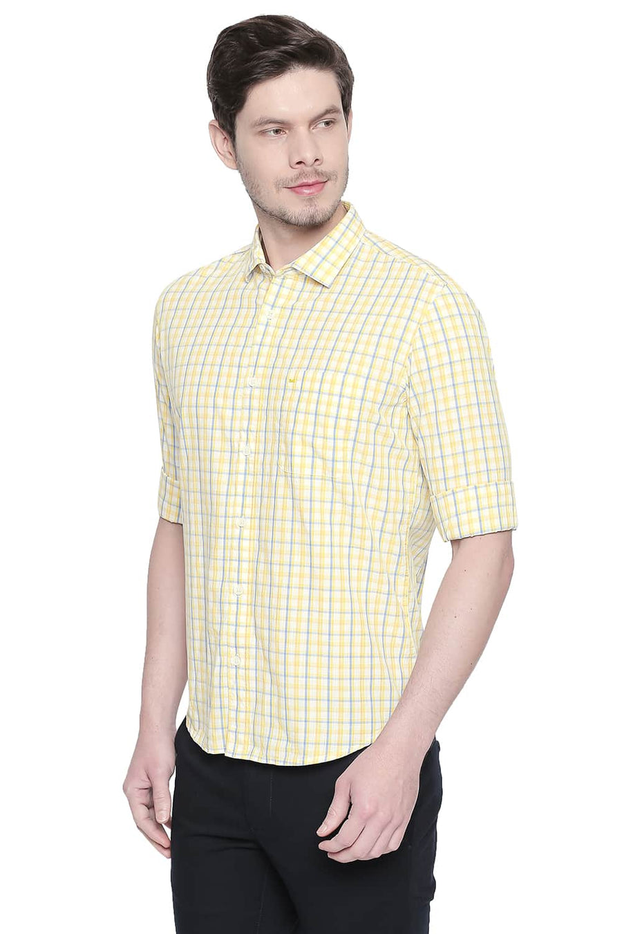 BASICS SLIM FIT PRIMROSE YELLOW CHECKS SHIRT