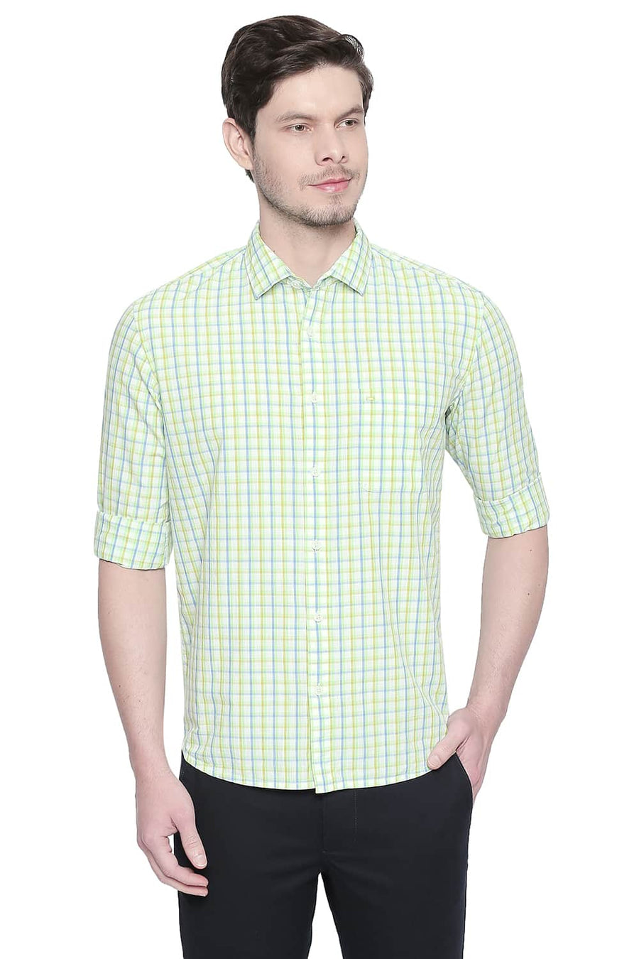 BASICS SLIM FIT PARADISE GREEN CHECKS SHIRT