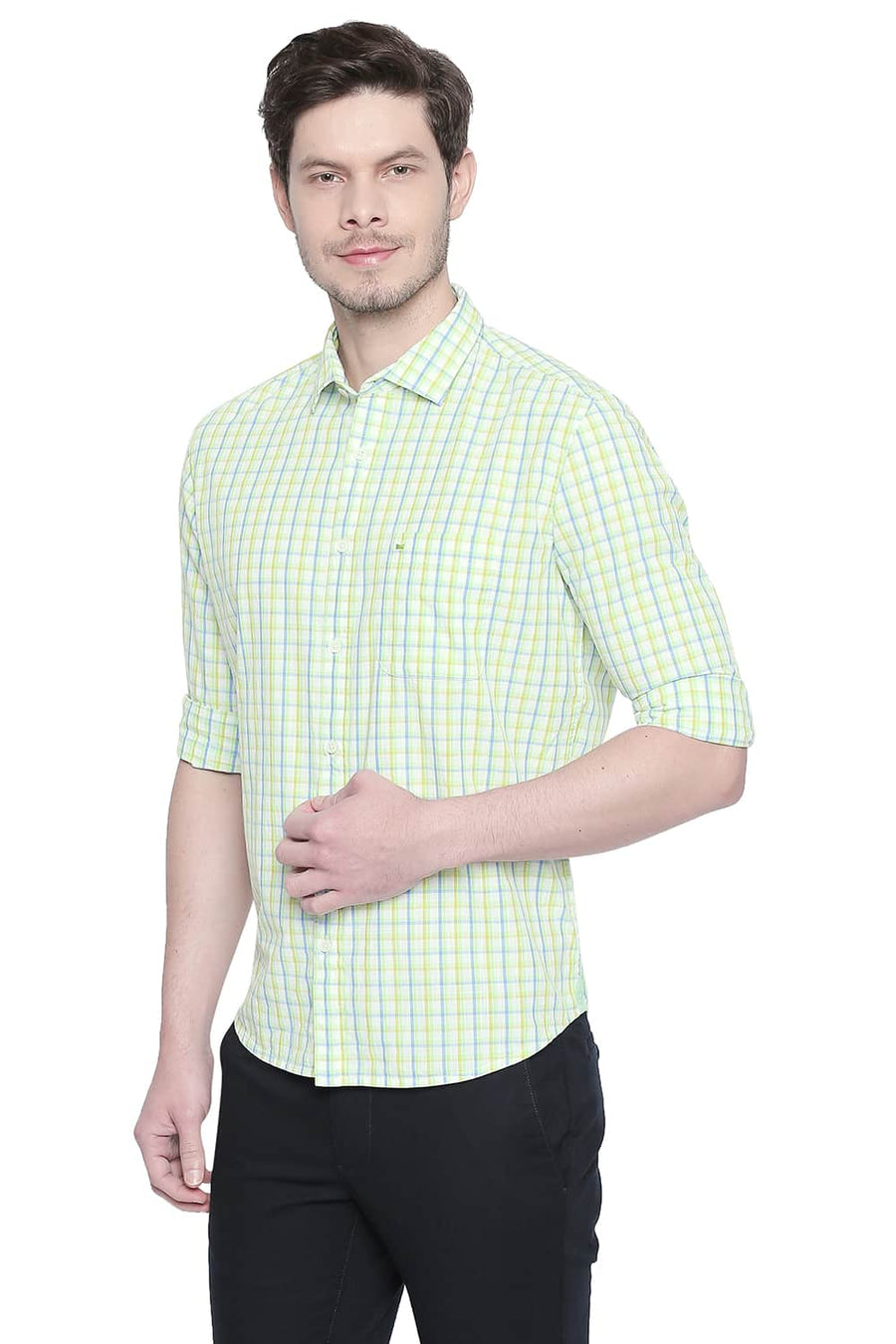 BASICS SLIM FIT PARADISE GREEN CHECKS SHIRT