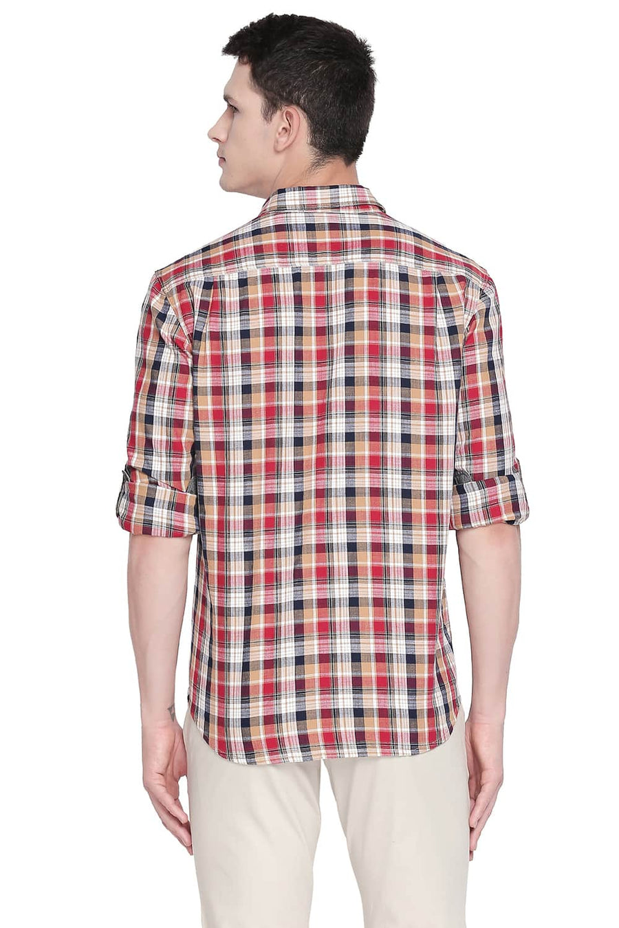 BASICS SLIM FIT TAN BROWN CHECKS SHIRT