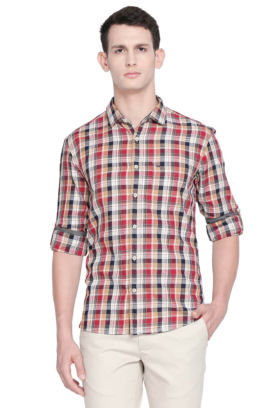BASICS SLIM FIT TAN BROWN CHECKS SHIRT