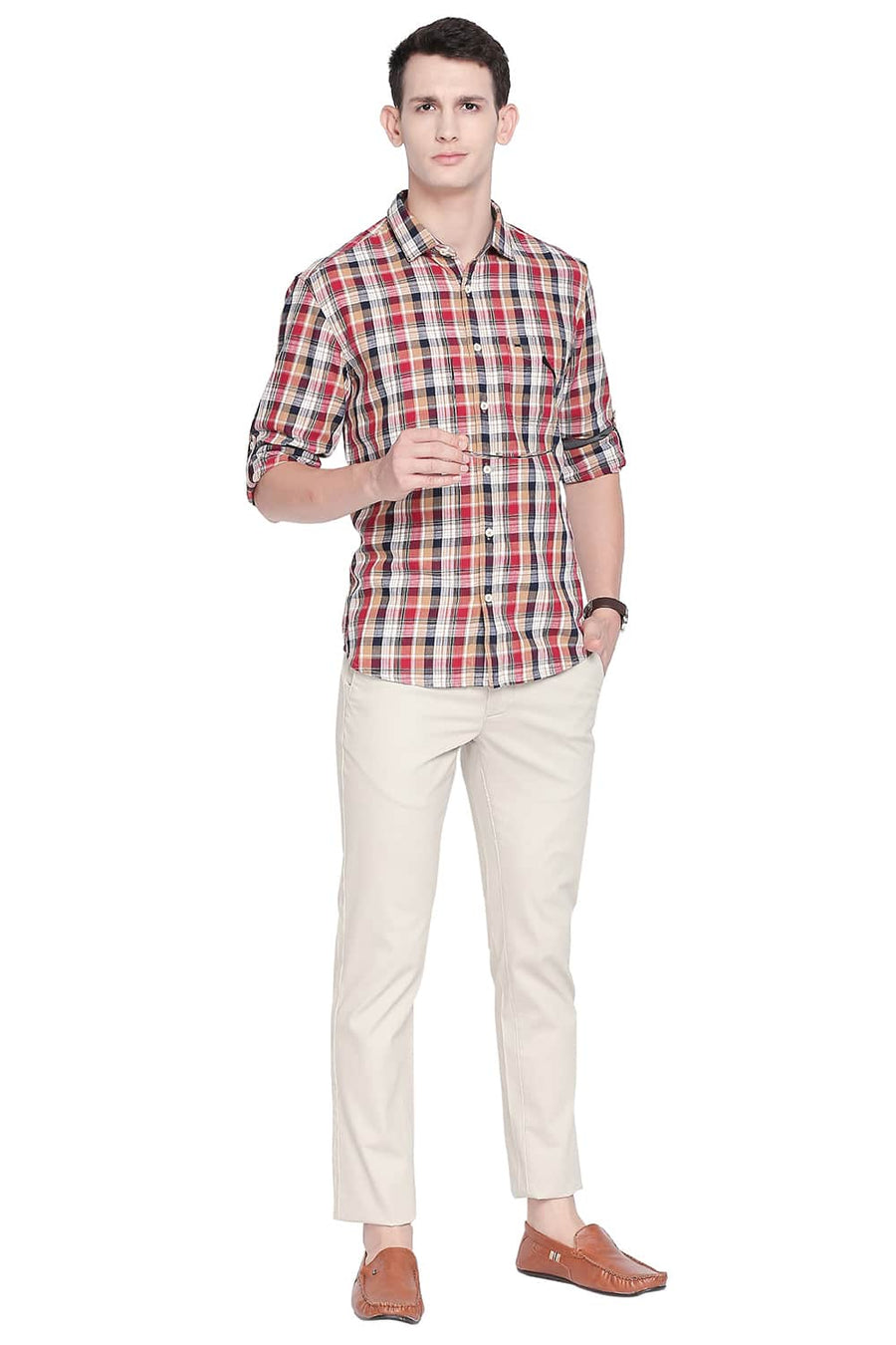 BASICS SLIM FIT TAN BROWN CHECKS SHIRT