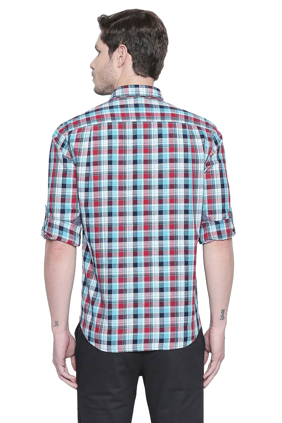 BASICS SLIM FIT PEACOCK BLUE CHECKS SHIRT