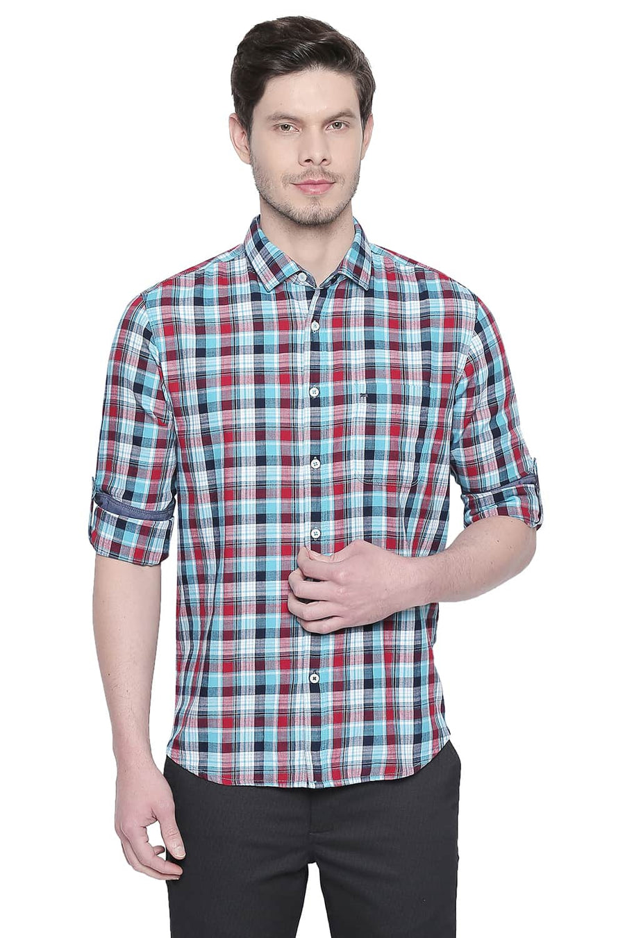 BASICS SLIM FIT PEACOCK BLUE CHECKS SHIRT