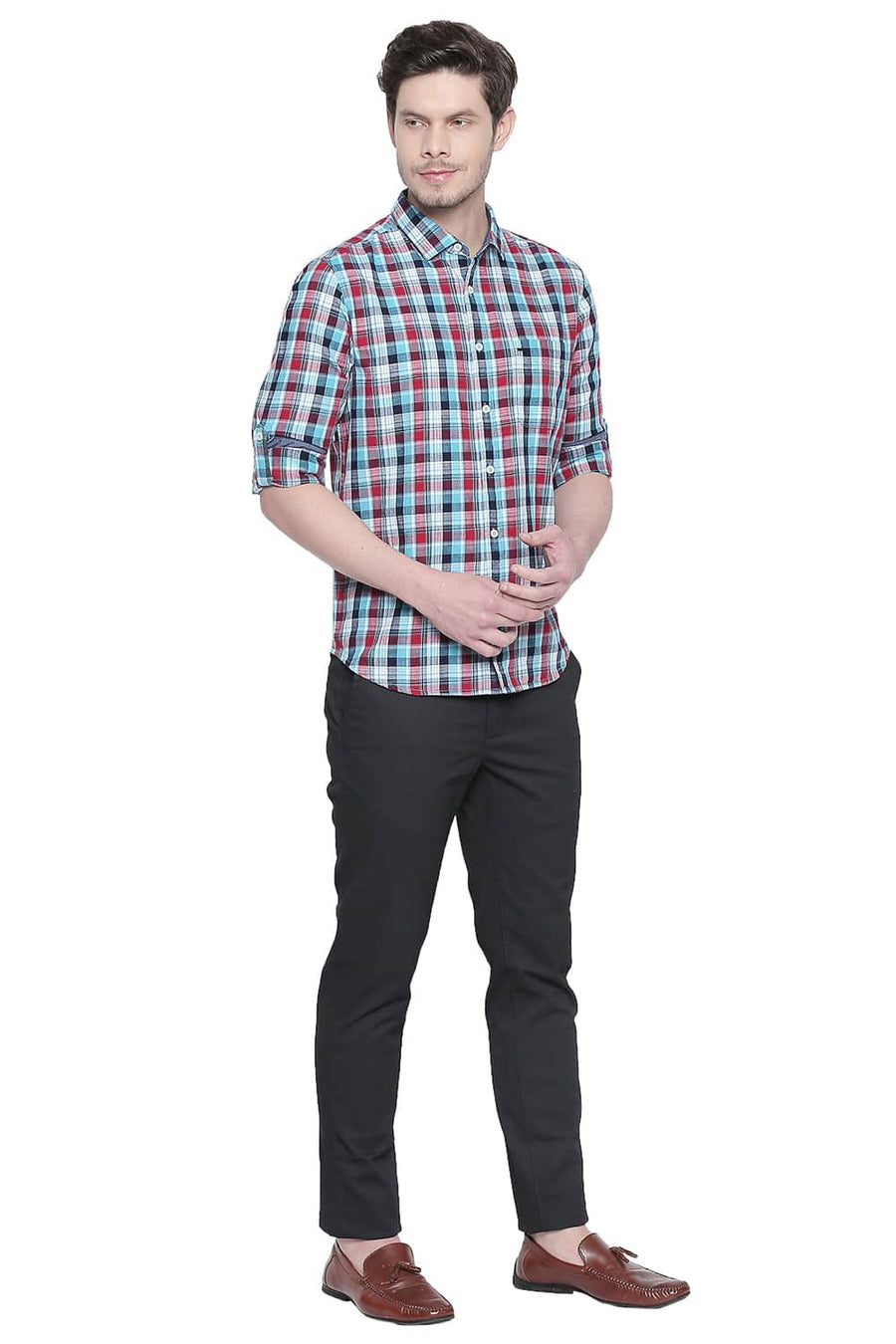 BASICS SLIM FIT PEACOCK BLUE CHECKS SHIRT