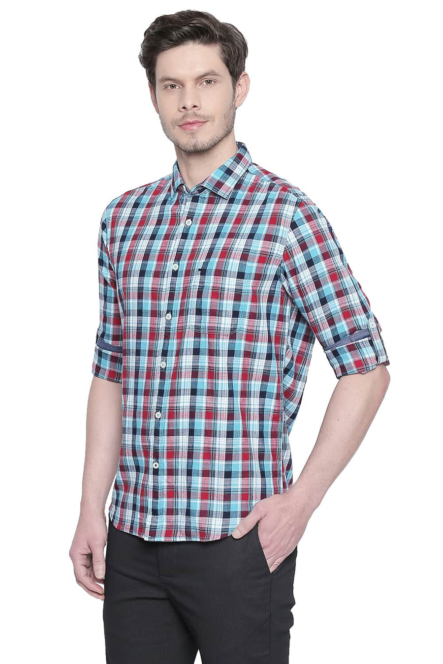 BASICS SLIM FIT PEACOCK BLUE CHECKS SHIRT