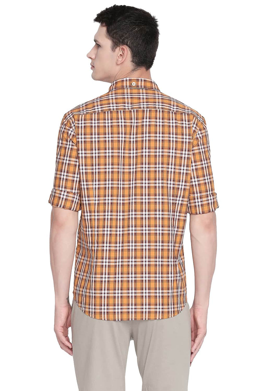 BASICS SLIM FIT SPICE ORANGE CHECKS SHIRT