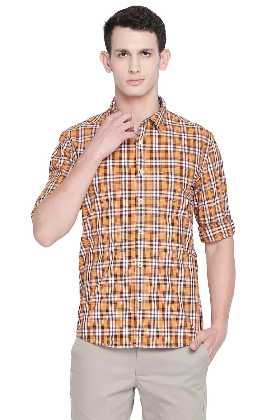 BASICS SLIM FIT SPICE ORANGE CHECKS SHIRT