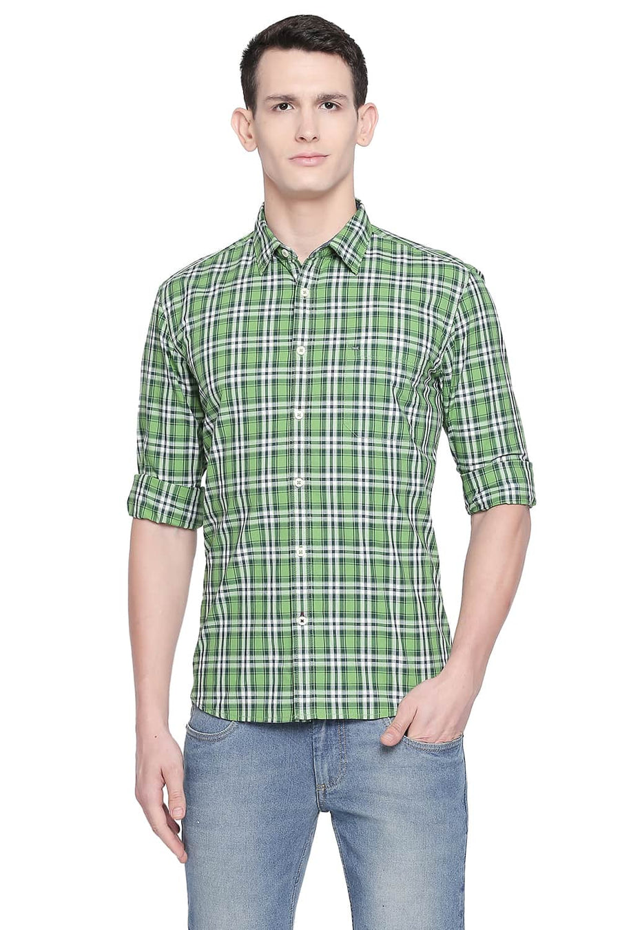 BASICS SLIM FIT LIME GREEN CHECKS SHIRT