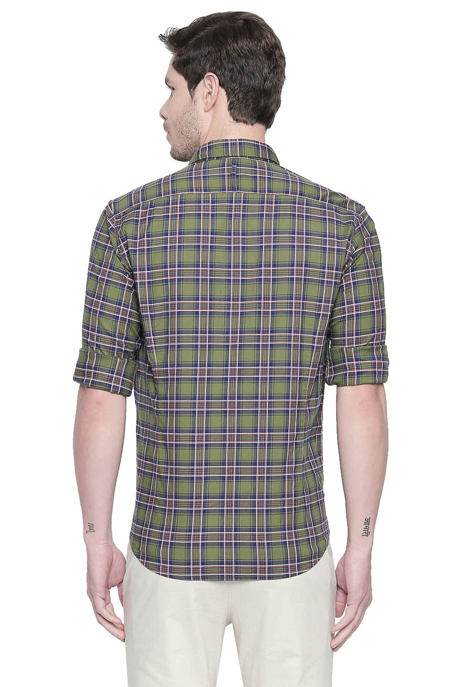BASICS SLIM FIT GARDEN GREEN STRETCH CHECKS SHIRT