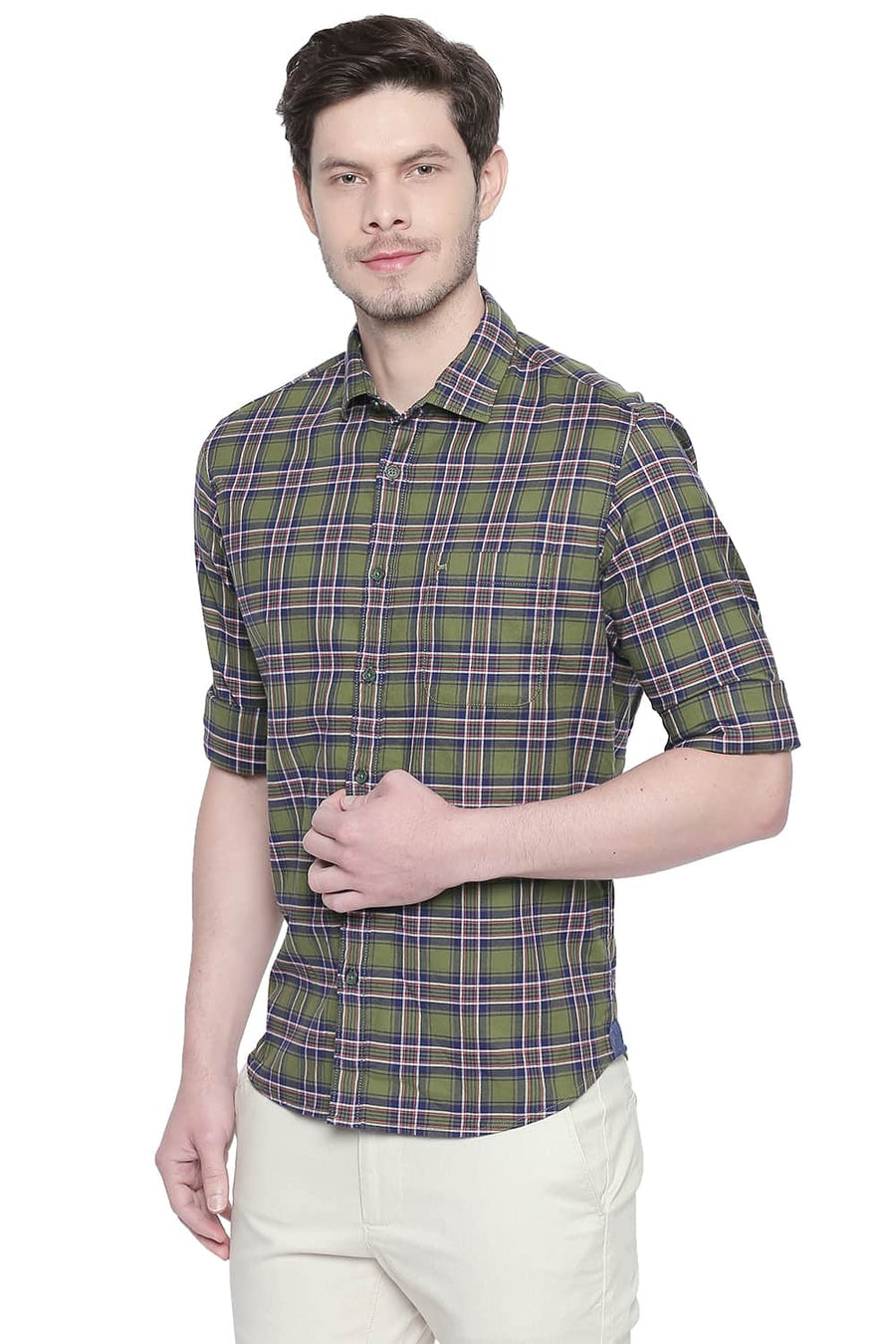 BASICS SLIM FIT GARDEN GREEN STRETCH CHECKS SHIRT
