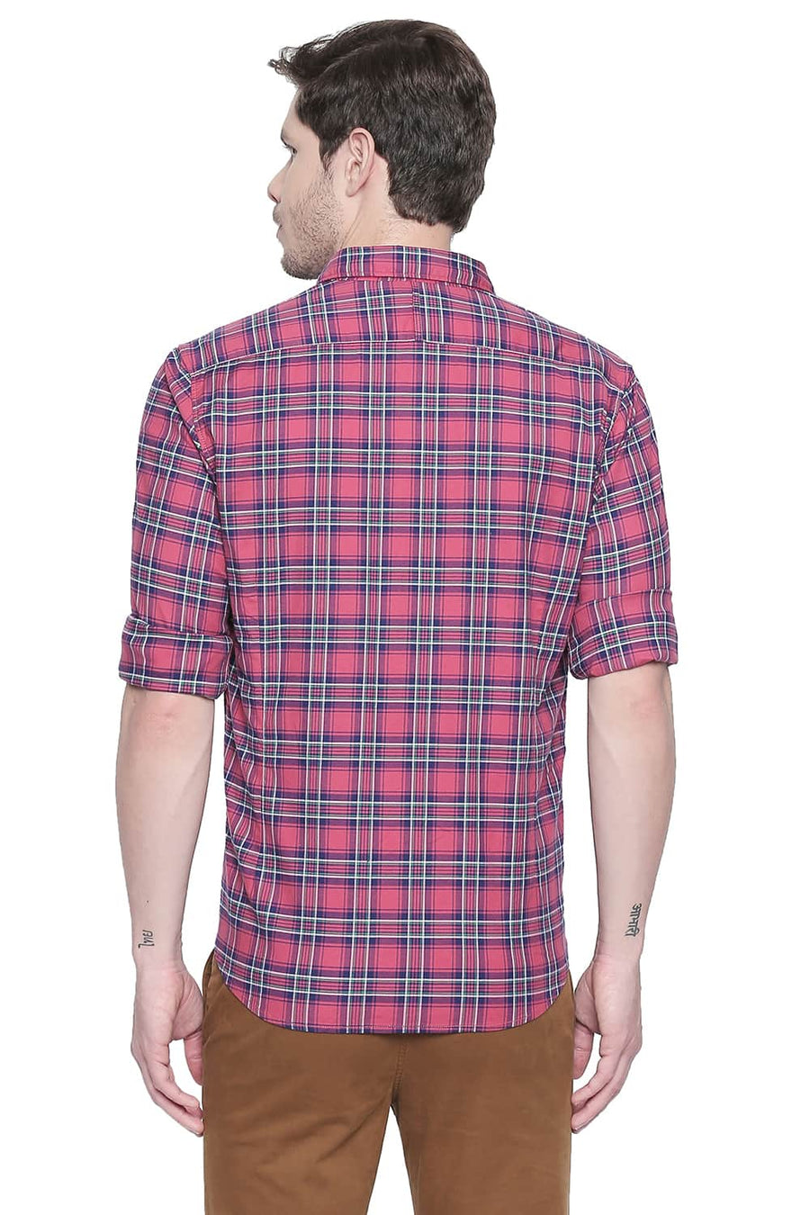 BASICS SLIM FIT CLARET RED STRETCH CHECKS SHIRT