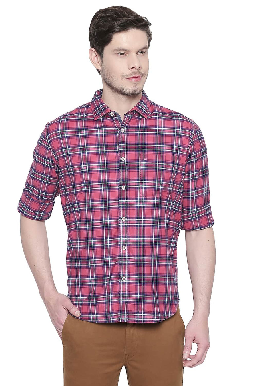 BASICS SLIM FIT CLARET RED STRETCH CHECKS SHIRT