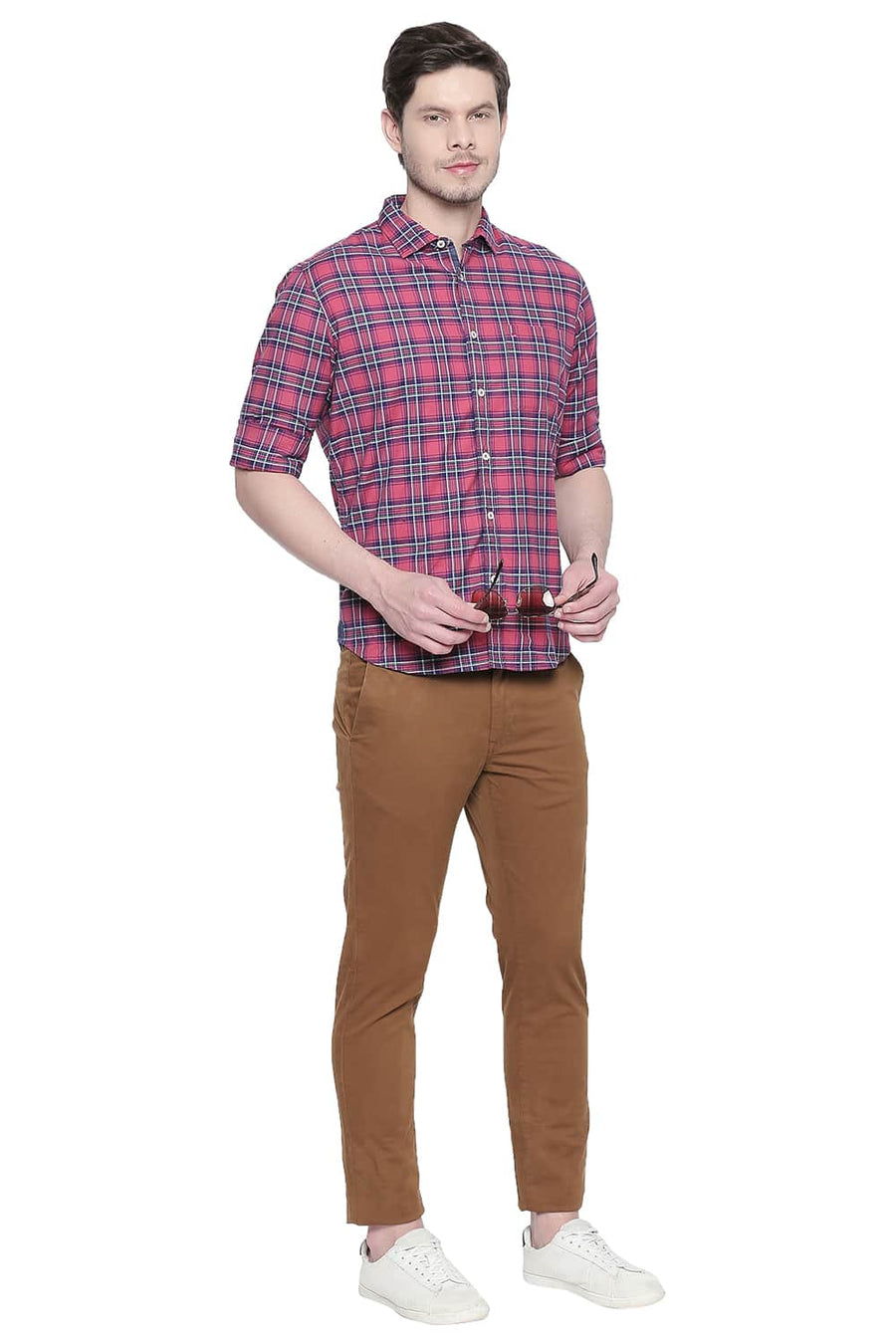 BASICS SLIM FIT CLARET RED STRETCH CHECKS SHIRT