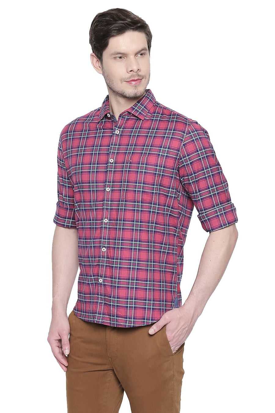BASICS SLIM FIT CLARET RED STRETCH CHECKS SHIRT