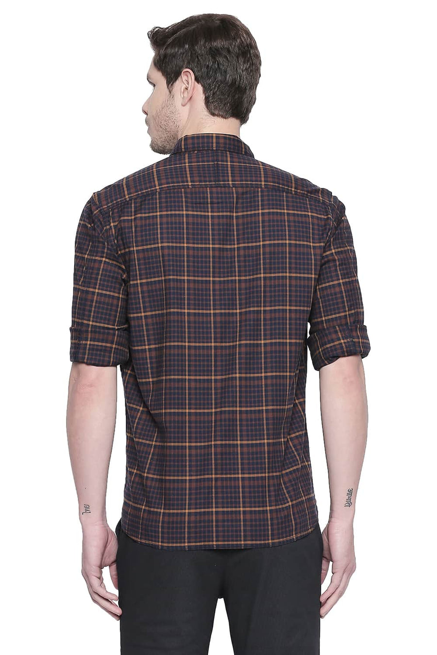 BASICS SLIM FIT MUSTANG BROWN STRETCH CHECKS SHIRT