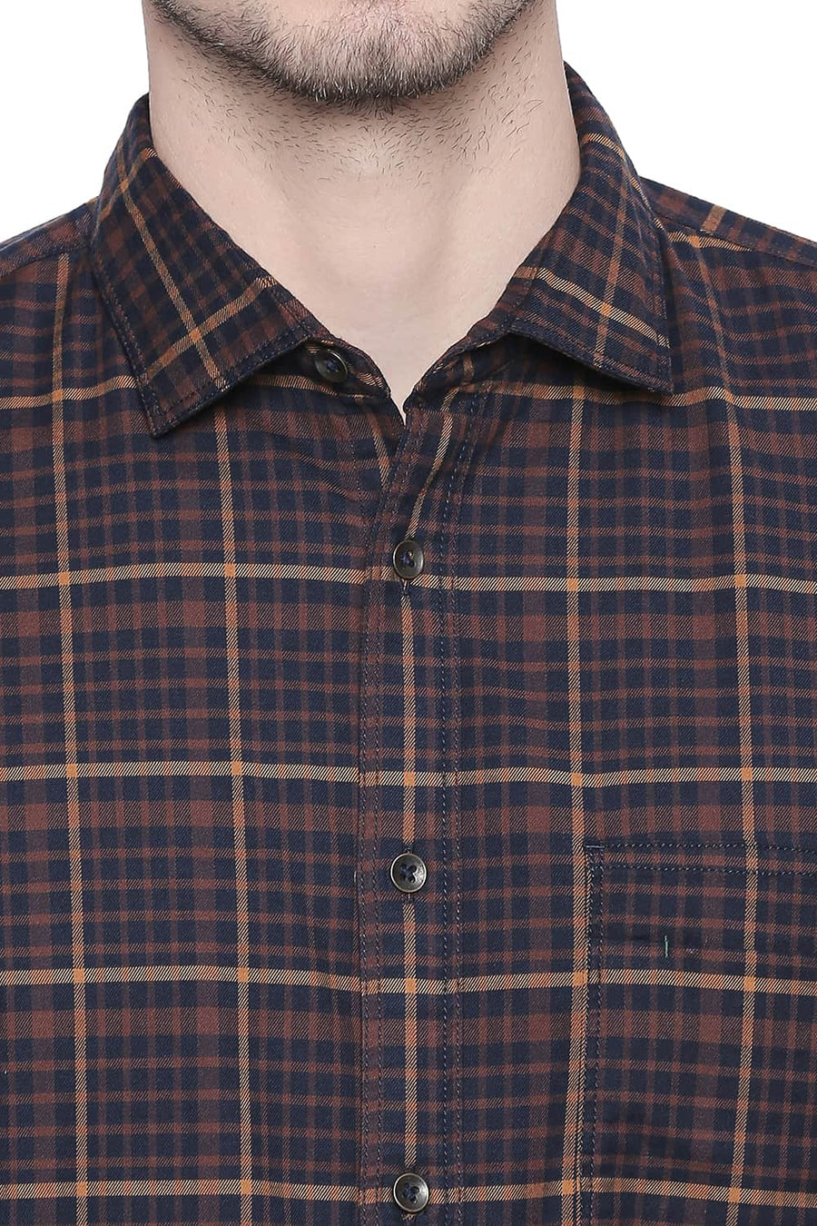 BASICS SLIM FIT MUSTANG BROWN STRETCH CHECKS SHIRT