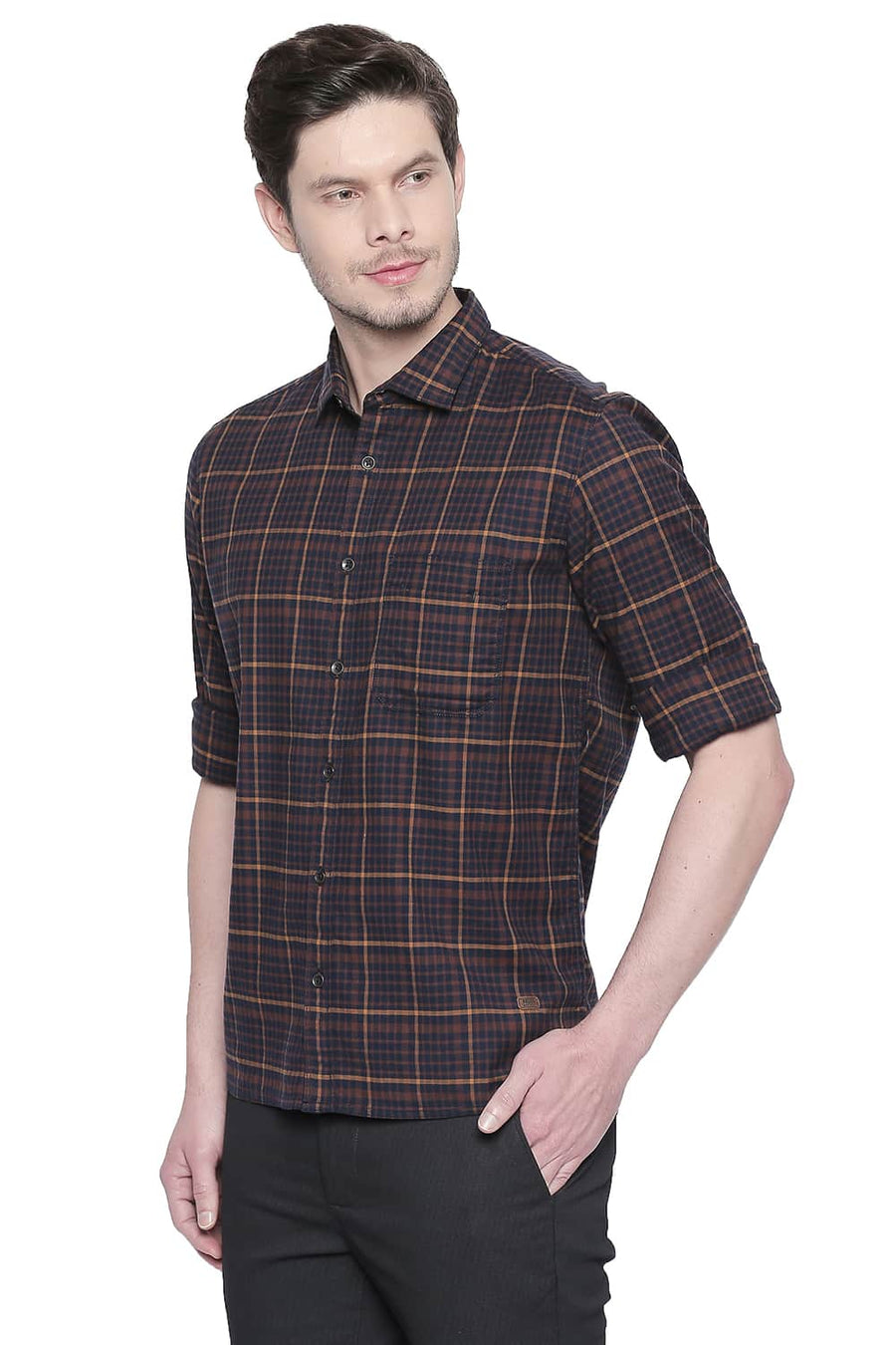 BASICS SLIM FIT MUSTANG BROWN STRETCH CHECKS SHIRT
