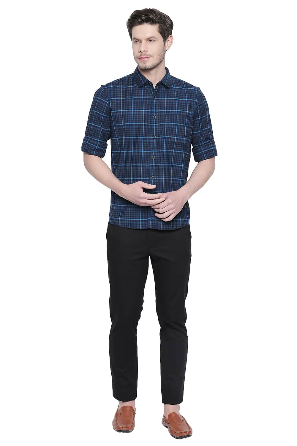 BASICS SLIM FIT STRETCH CHECKS SHIRT